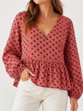 LOFT Plus Floral Swiss Dot Peplum V-Neck Salmon Pink Boho Cottagecore Top Sz 18